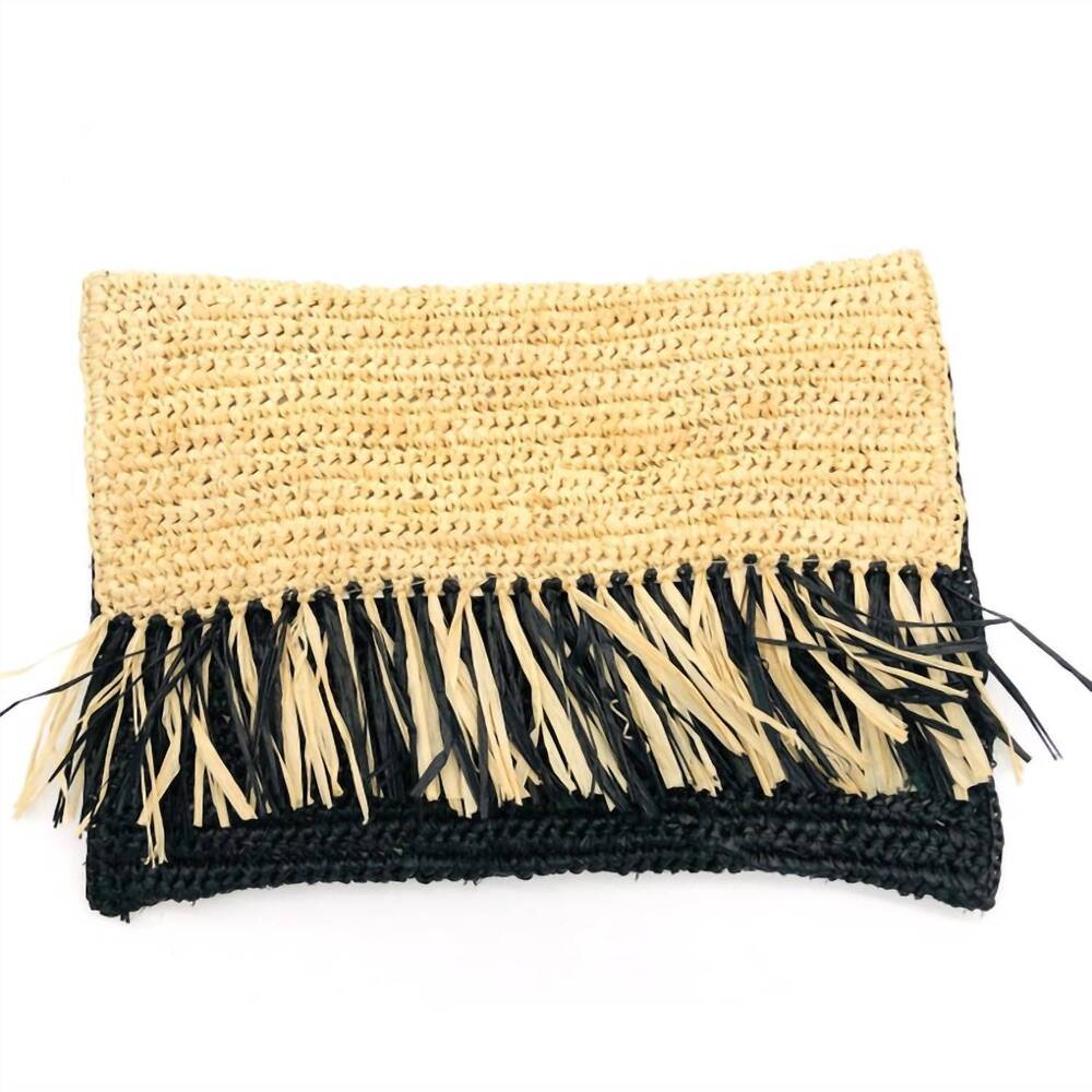 NEW SHEBOBO women's coco fringe crochet straw clutch in black